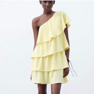 Zara one shoulder ruffle yellow dress size small